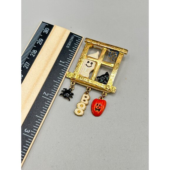 Halloween Ghost & Pumpkin Window Pin Brooch with Charms Boo Spider Holiday Pin - Picture 6 of 6